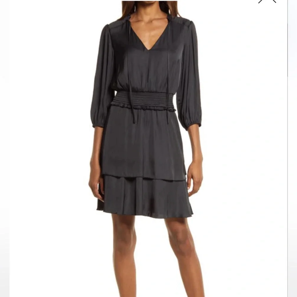 Sam Edelman Long Sleeve Tiered Dress Silky Smock Waist Black L NWT